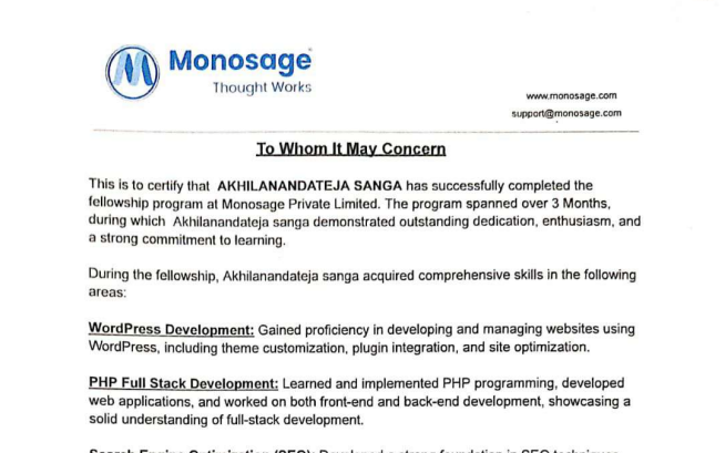 Monosage Thought Works Fellowship Certificate
